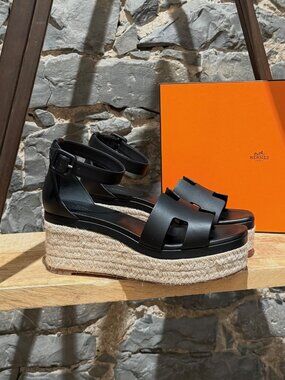 Hermès Black Leather Elda Wedges Espadrilles H Sandals